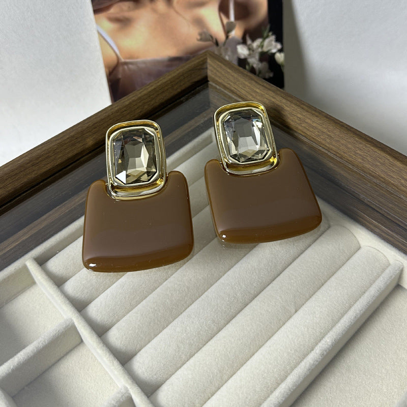 Light Luxury High-end Earrings Mirror Resin Geometric Square Earrings Retro Gemstone Earrings