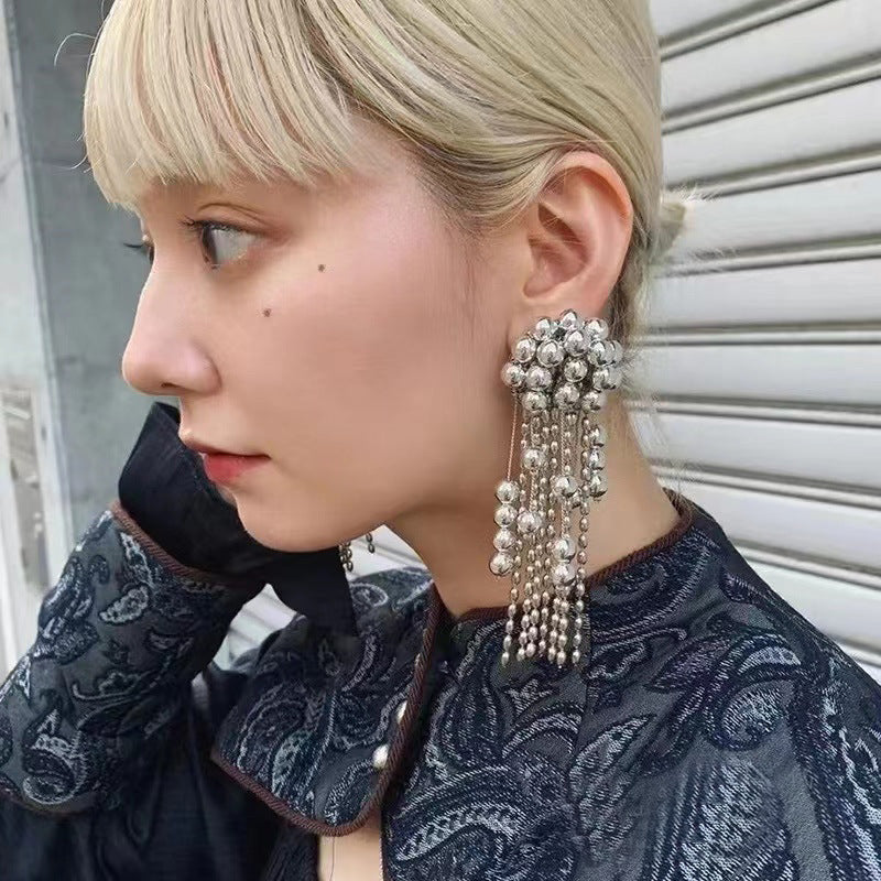 Exaggerated Personality Metal Ball Beaded Tassel Long Earrings Light Luxury Style Temperament Earrings