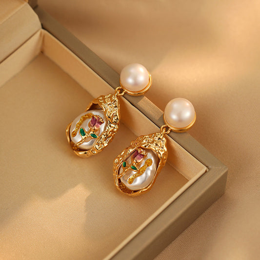 Monet Garden Oil Painting Earrings Baroque Pearl Earrings French Court Luxury Pearl Enamel Rose Flower Earrings