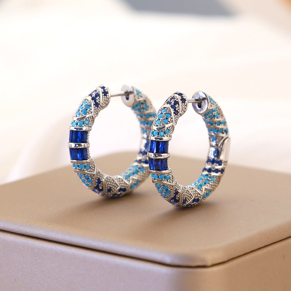 New Retro Style Blue Zircon Earrings High-end Luxury Earrings Female Circle Earrings