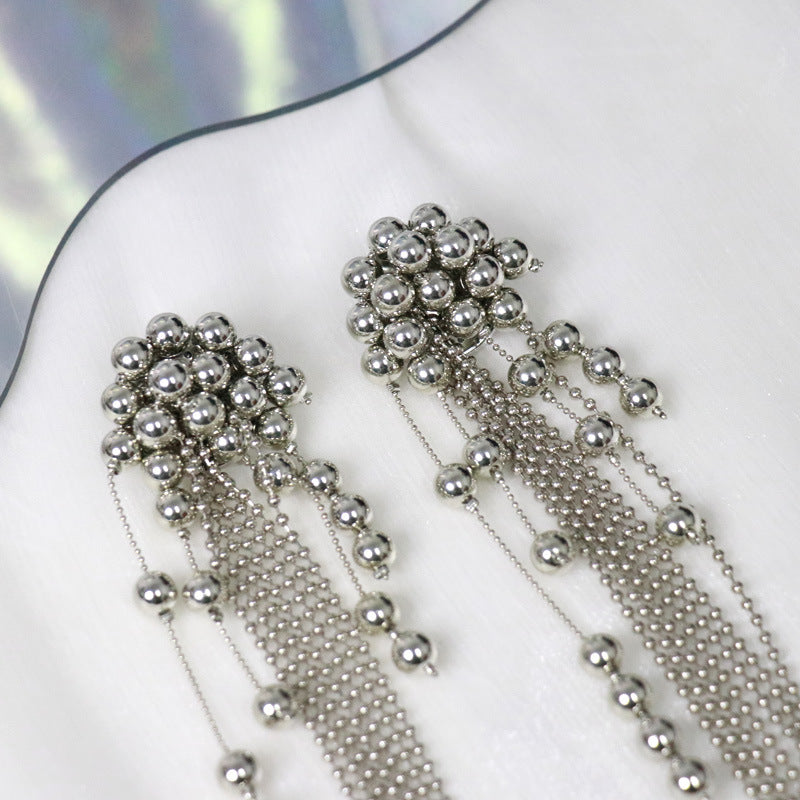 Exaggerated Personality Metal Ball Beaded Tassel Long Earrings Light Luxury Style Temperament Earrings