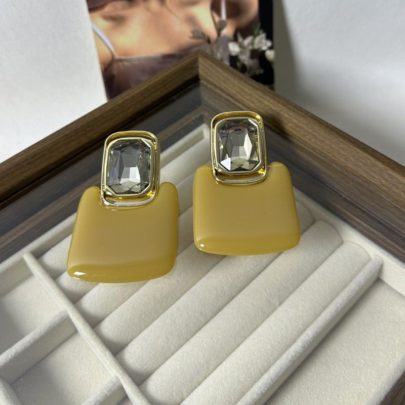 Light Luxury High-end Earrings Mirror Resin Geometric Square Earrings Retro Gemstone Earrings