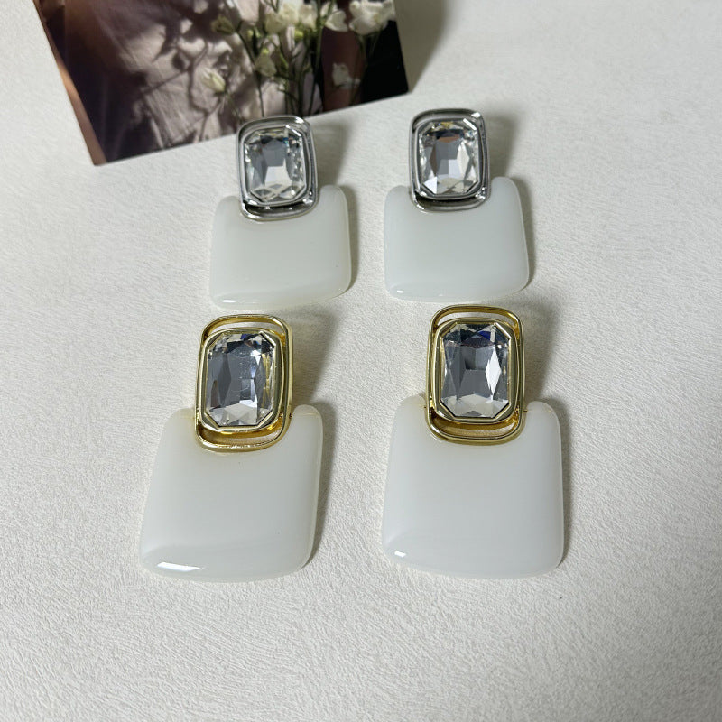 Light Luxury High-end Earrings Mirror Resin Geometric Square Earrings Retro Gemstone Earrings