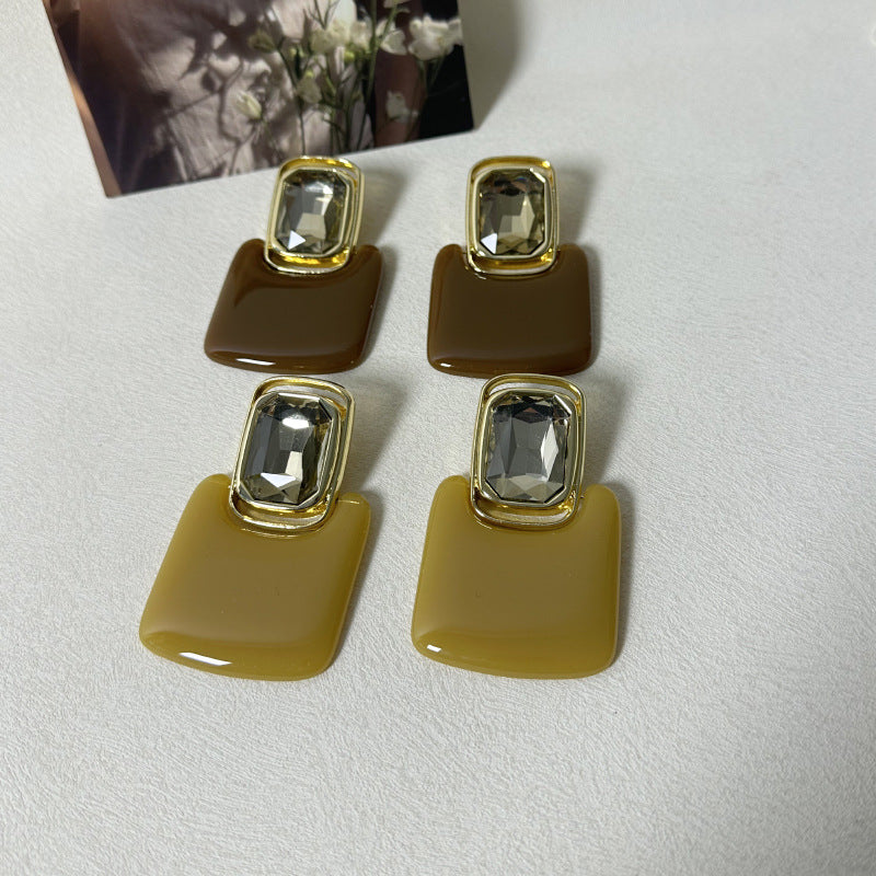 Light Luxury High-end Earrings Mirror Resin Geometric Square Earrings Retro Gemstone Earrings