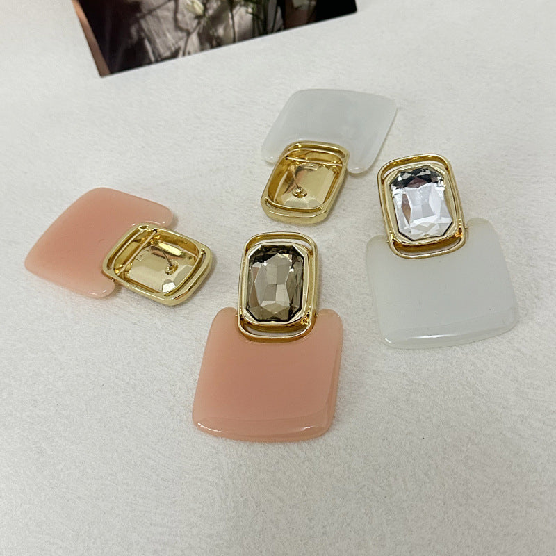 Light Luxury High-end Earrings Mirror Resin Geometric Square Earrings Retro Gemstone Earrings