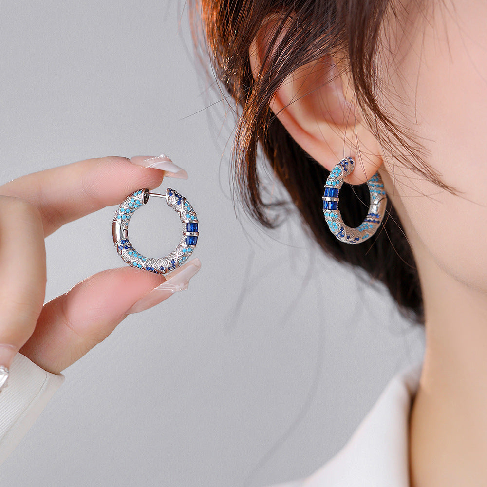 New Retro Style Blue Zircon Earrings High-end Luxury Earrings Female Circle Earrings