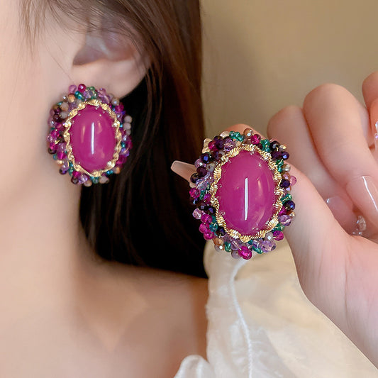 Rose Red Oval Crystal Earrings High Quality Women's Earrings Fashion Luxury Accessories