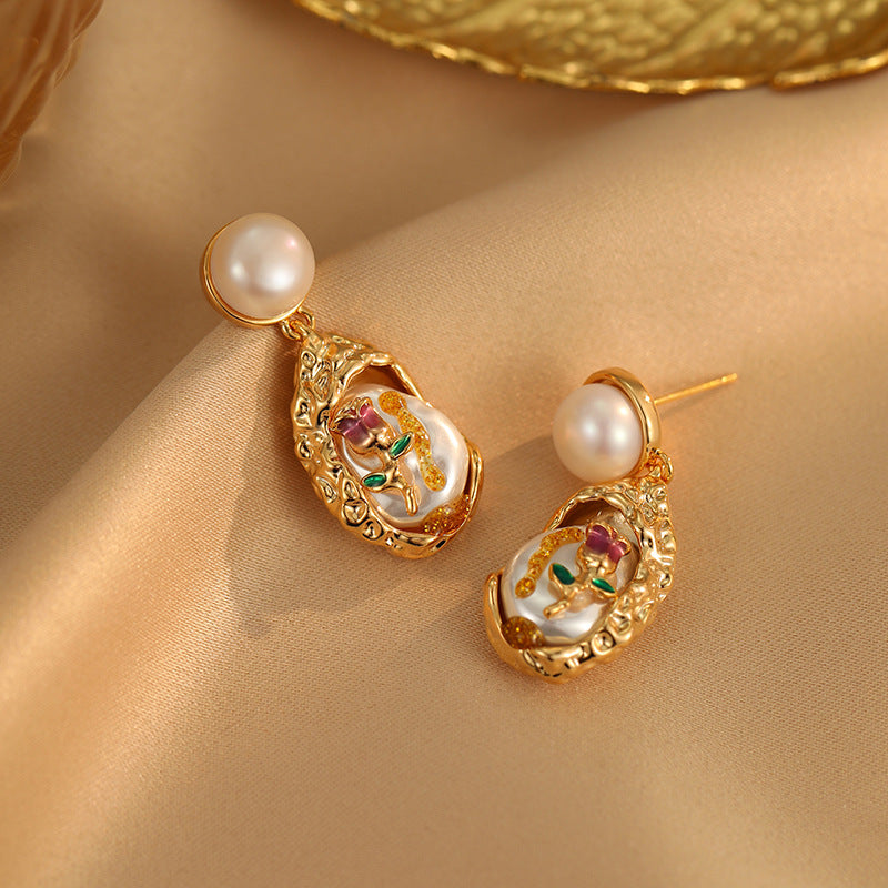 Monet Garden Oil Painting Earrings Baroque Pearl Earrings French Court Luxury Pearl Enamel Rose Flower Earrings