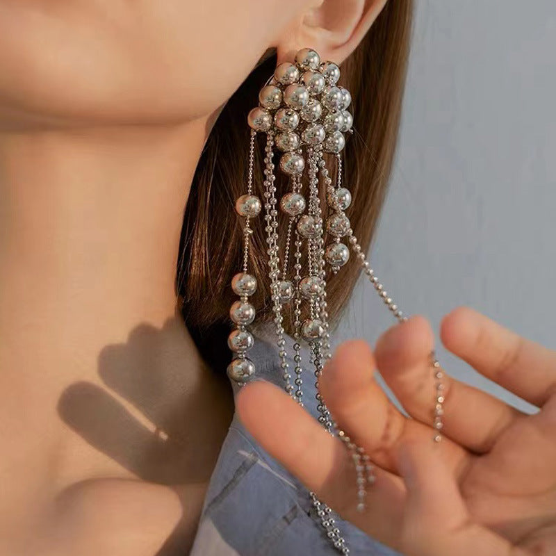 Exaggerated Personality Metal Ball Beaded Tassel Long Earrings Light Luxury Style Temperament Earrings