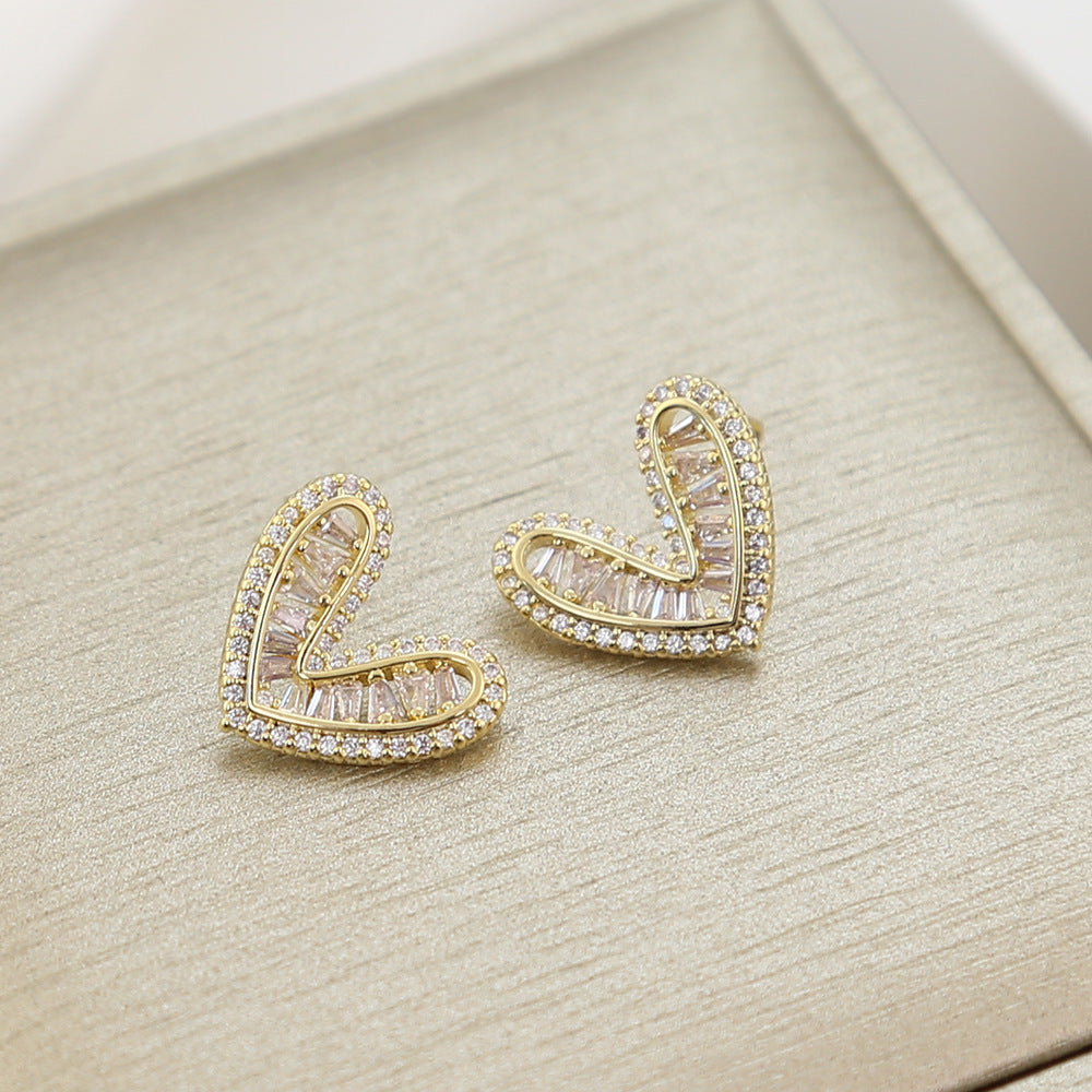 Full Diamond Heart Earrings Inlaid with Zircon Heart-shaped Earrings S925 Silver Needle High-end Luxury Earrings Wholesale