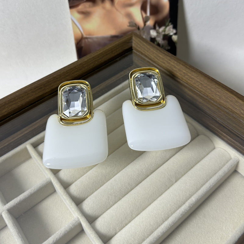 Light Luxury High-end Earrings Mirror Resin Geometric Square Earrings Retro Gemstone Earrings