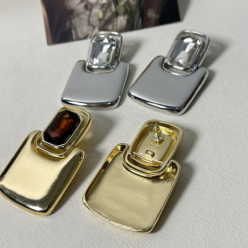 French Retro Earrings Light Luxury High-end Earrings Mirror Metal Geometric Square Gem Earrings Fashionable Temperament Earrings