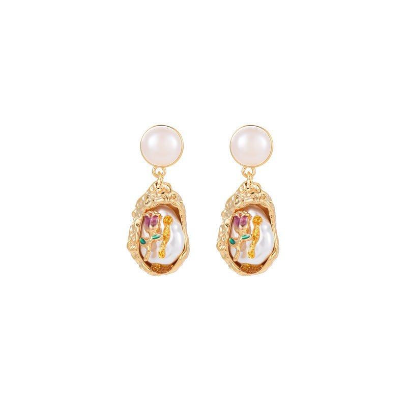 Monet Garden Oil Painting Earrings Baroque Pearl Earrings French Court Luxury Pearl Enamel Rose Flower Earrings