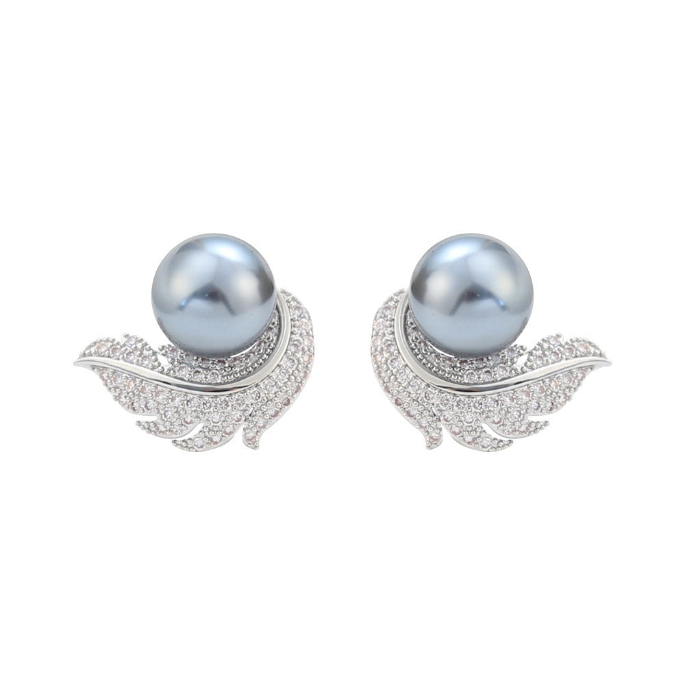 New S925 Silver Needle Inlaid Zircon Feather Pearl Earrings French Style Vintage Earrings