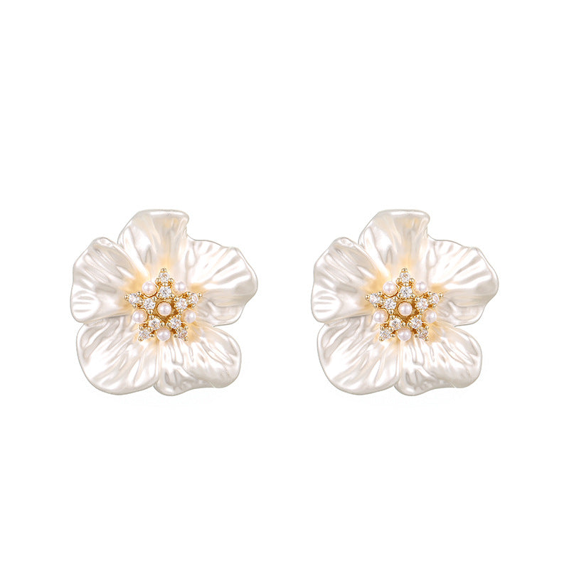 Real Gold Plated Silver Needle Zircon Flower Earrings Artificial Pearl Earrings All-match High-end Temperament Earrings