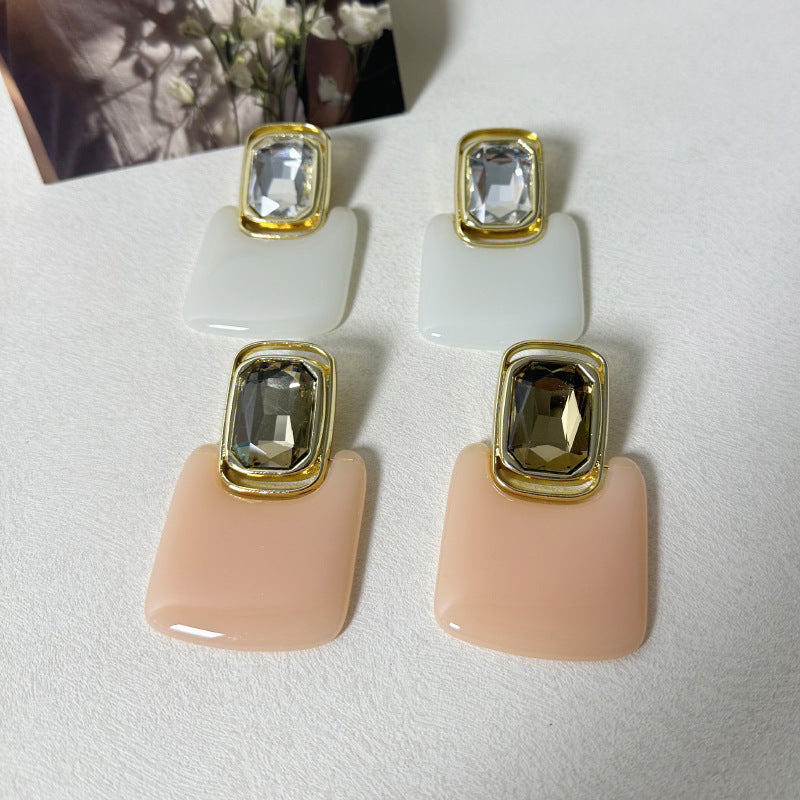 Light Luxury High-end Earrings Mirror Resin Geometric Square Earrings Retro Gemstone Earrings