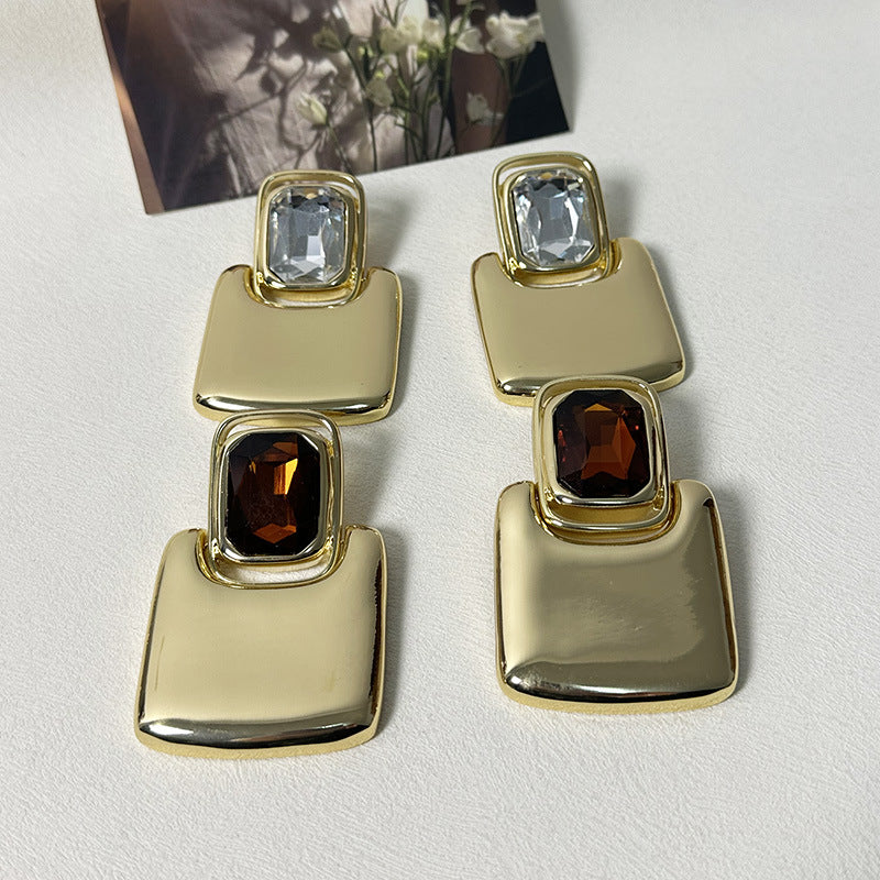 French Retro Earrings Light Luxury High-end Earrings Mirror Metal Geometric Square Gem Earrings Fashionable Temperament Earrings