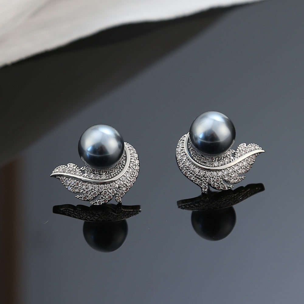 New S925 Silver Needle Inlaid Zircon Feather Pearl Earrings French Style Vintage Earrings