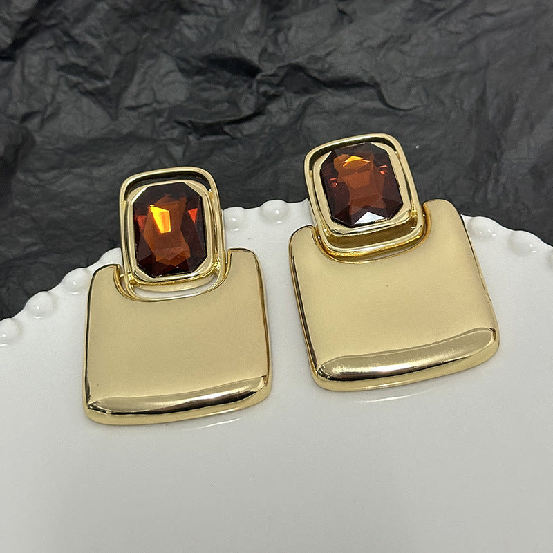 French Retro Earrings Light Luxury High-end Earrings Mirror Metal Geometric Square Gem Earrings Fashionable Temperament Earrings