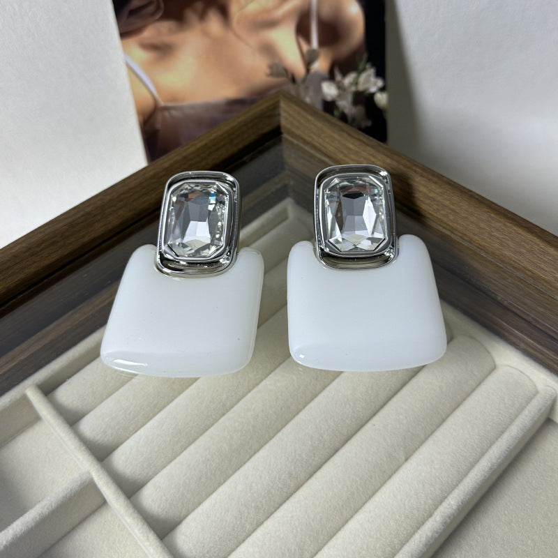 Light Luxury High-end Earrings Mirror Resin Geometric Square Earrings Retro Gemstone Earrings