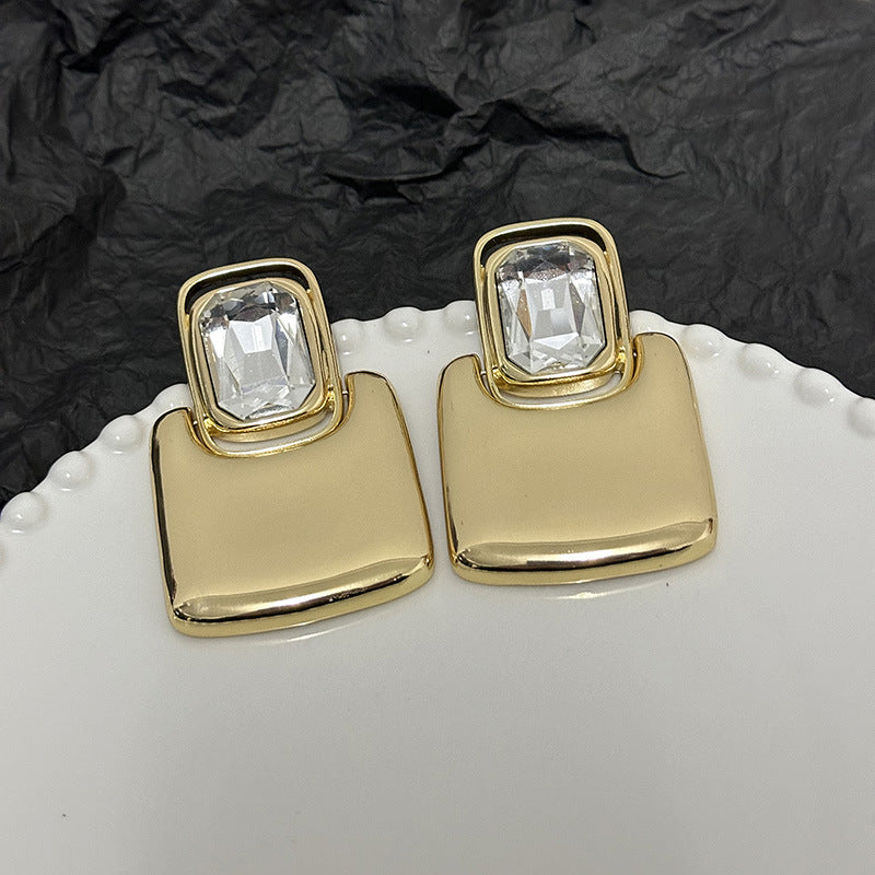 French Retro Earrings Light Luxury High-end Earrings Mirror Metal Geometric Square Gem Earrings Fashionable Temperament Earrings