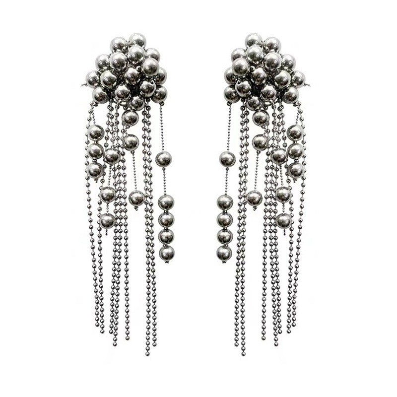 Exaggerated Personality Metal Ball Beaded Tassel Long Earrings Light Luxury Style Temperament Earrings