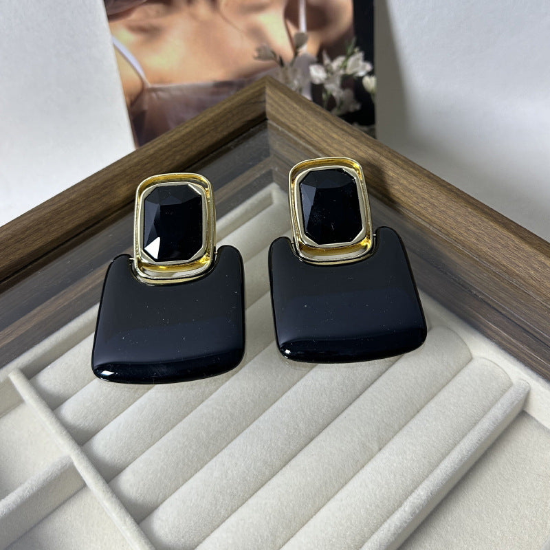 Light Luxury High-end Earrings Mirror Resin Geometric Square Earrings Retro Gemstone Earrings