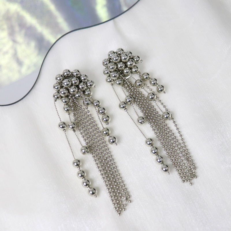 Exaggerated Personality Metal Ball Beaded Tassel Long Earrings Light Luxury Style Temperament Earrings