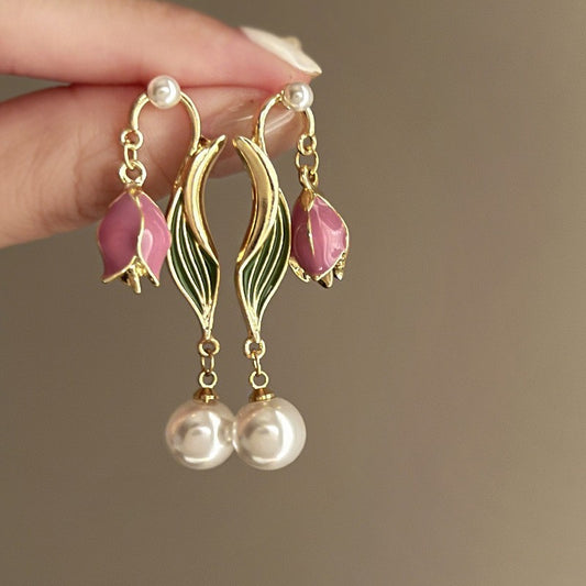 Pink Flower Earrings Elegant Vintage Jewelry High Quality Luxury Accessories Earrings